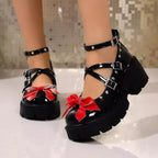 Women's bow decor Mary Jane high heel loafers made of elegant PU leather, stylish shoes with a classic Mary Jane design.