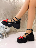 Bow Round Toe Block Heels Pumps - Plush Fashion Hub