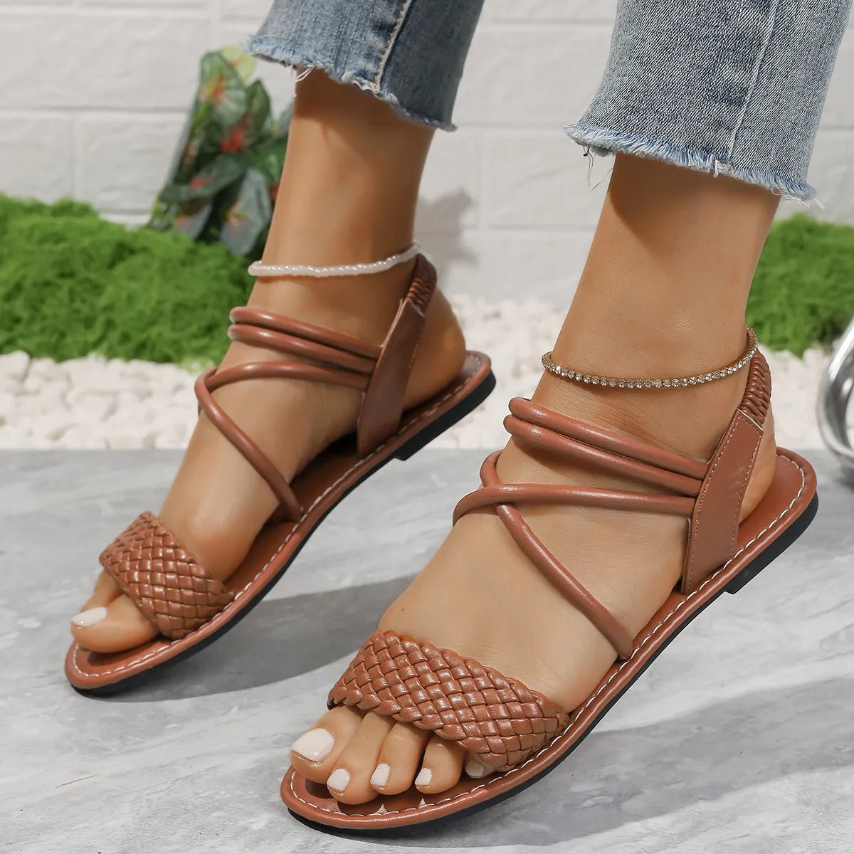 Braided Ankle Strap Flat Sandals - Plush Fashion Hub