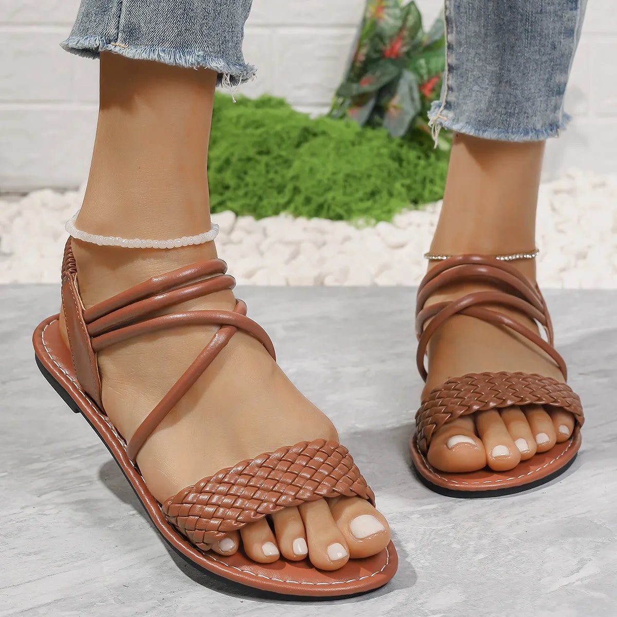 Braided Ankle Strap Flat Sandals - Plush Fashion Hub
