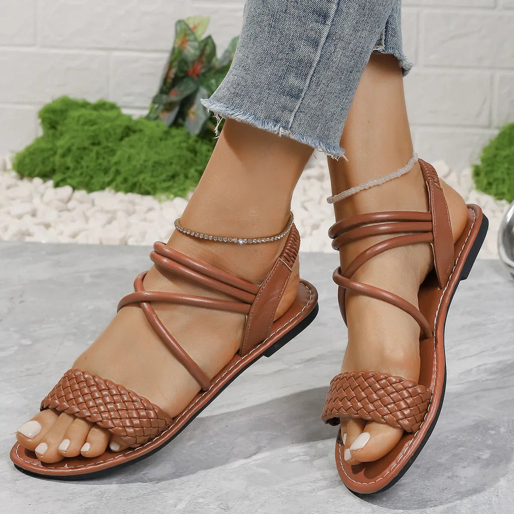 Braided Ankle Strap Flat Sandals - Plush Fashion Hub