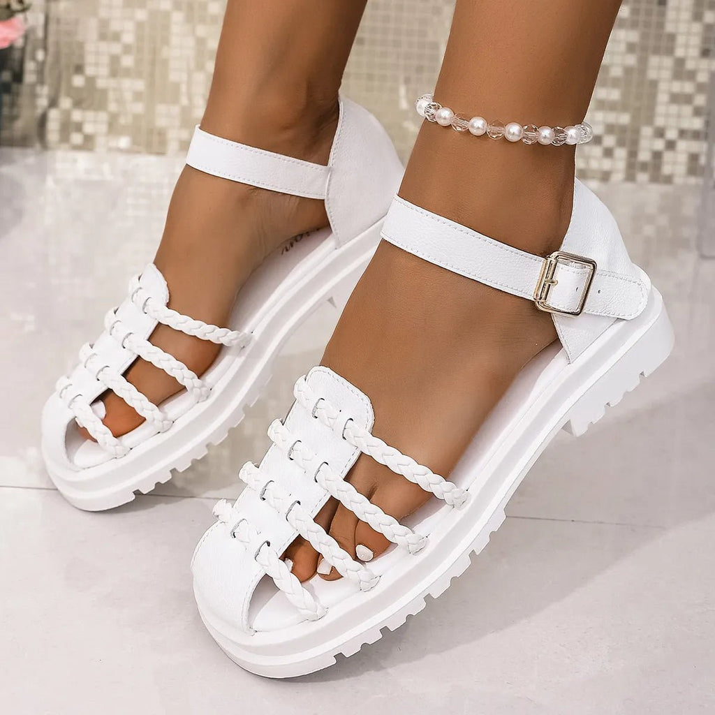 Women's braided ankle strap low heel sandals by Trendsi, showcasing stylish leather footwear with comfortable design and chic detailing.