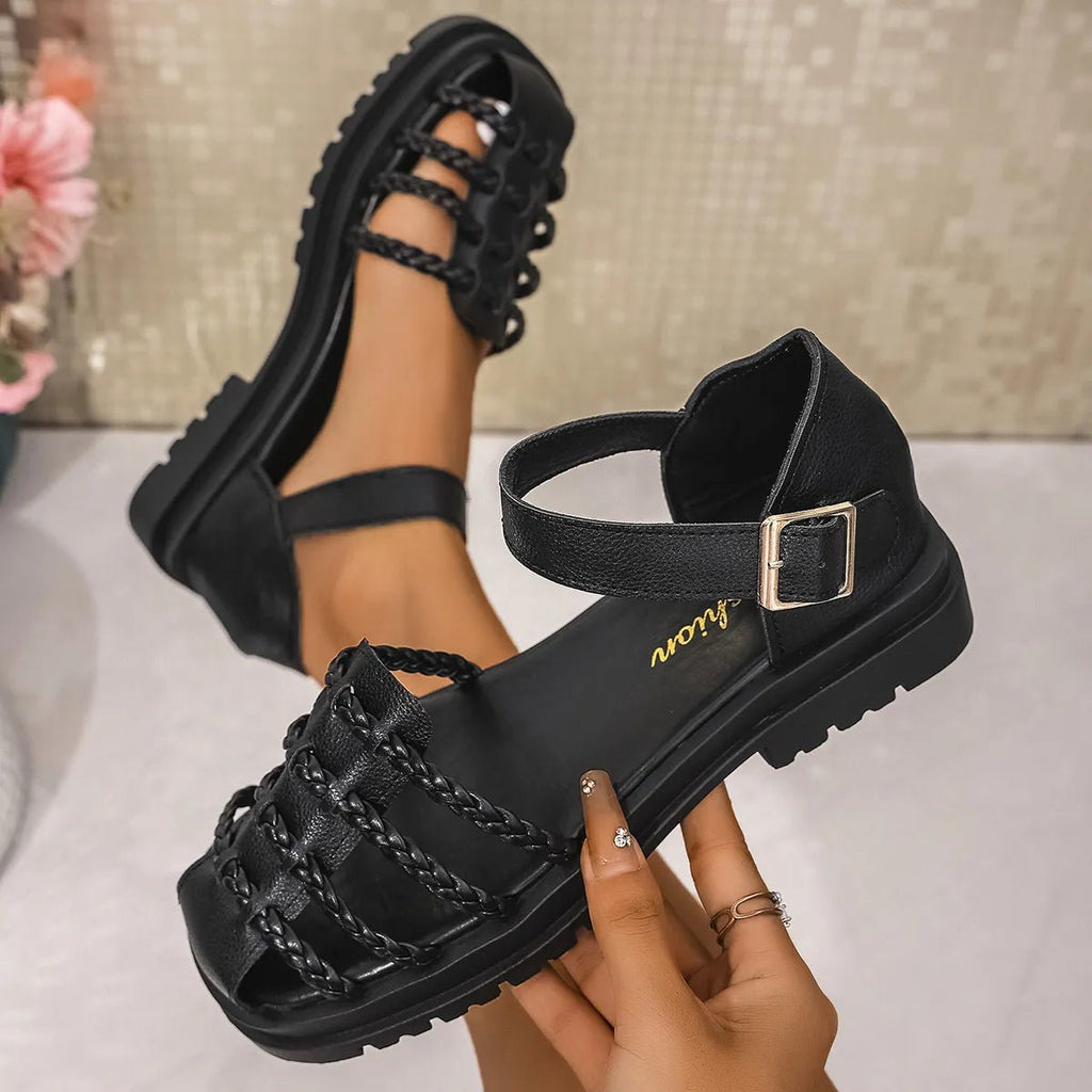 Women's braided ankle strap low heel sandals by Trendsi, featuring stylish design and comfortable fit, perfect for casual or chic outfits.