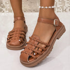 Women's braided ankle strap low heel sandals by Trendsi, showcasing stylish beige footwear with woven straps and comfortable design.