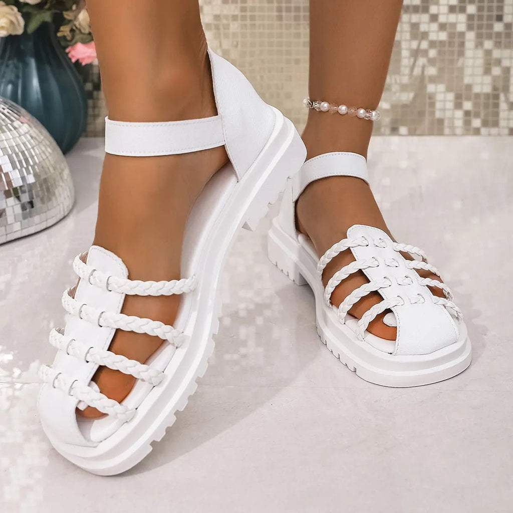 Women's braided ankle strap low heel sandals by Trendsi, stylish footwear with woven design and comfortable chic style.