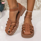Women's braided ankle strap low heel sandals by Trendsi, featuring stylish woven design and comfortable footwear for casual wear.
