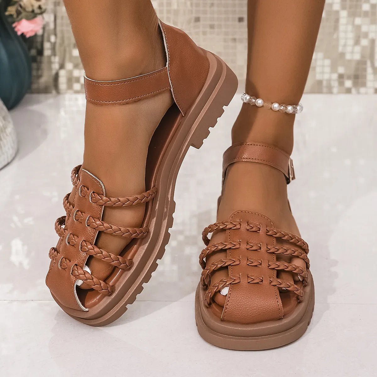 Women's braided ankle strap low heel sandals by Trendsi, featuring stylish woven design and comfortable footwear for casual wear.