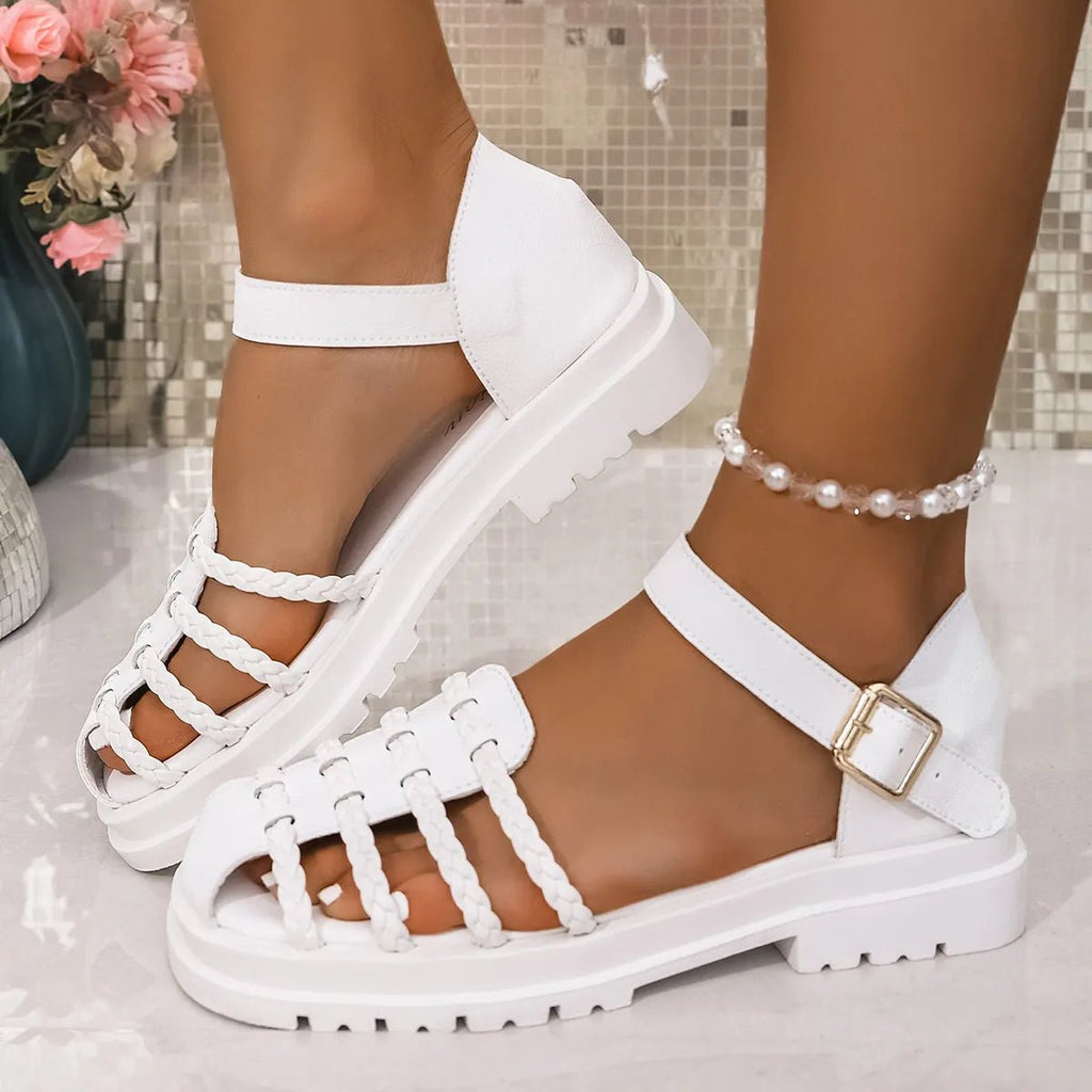 Women's braided ankle strap low heel sandals by Trendsi, featuring comfortable chic footwear design and stylish ankle straps.