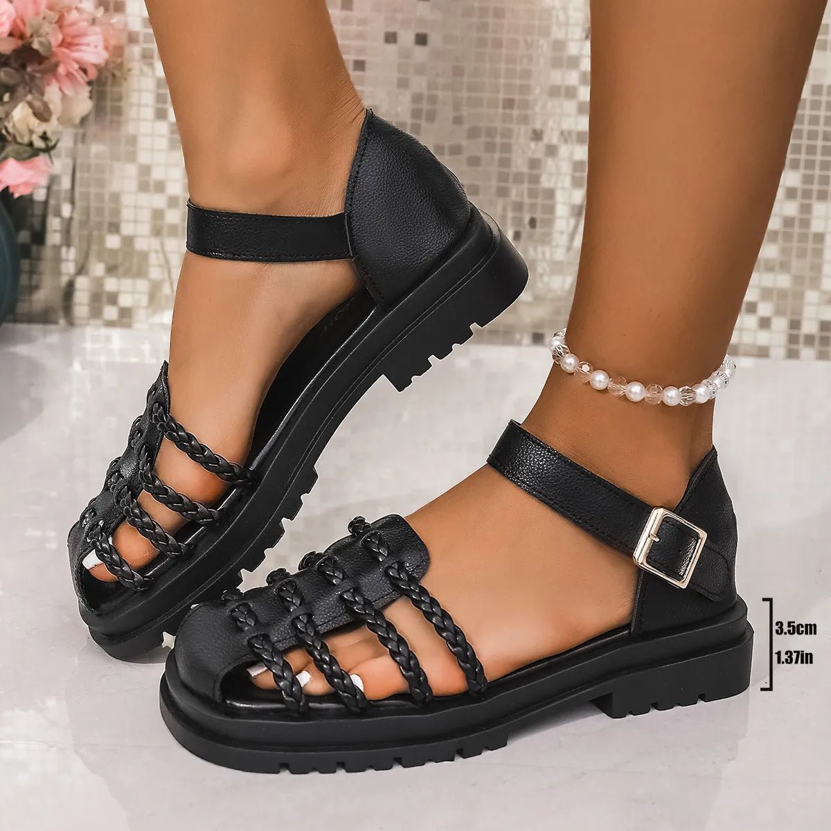 Women's braided ankle strap low heel sandals by Trendsi featuring stylish design and comfortable fit, perfect for casual or dressy occasions.
