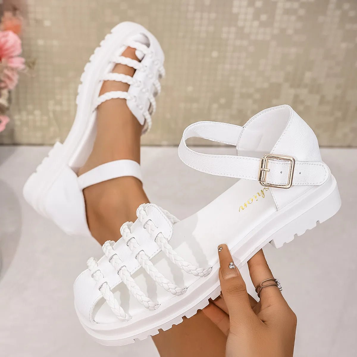 Women's braided ankle strap low heel sandals by Trendsi, featuring comfortable chic design and stylish footwear for casual or dressy wear.