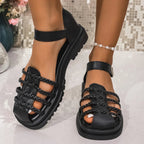 Women's braided ankle strap low heel sandals by Trendsi featuring stylish design and comfortable fit for chic summer footwear.