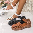 Women's braided ankle strap low heel sandals by Trendsi, featuring stylish woven straps and comfortable chic footwear design.