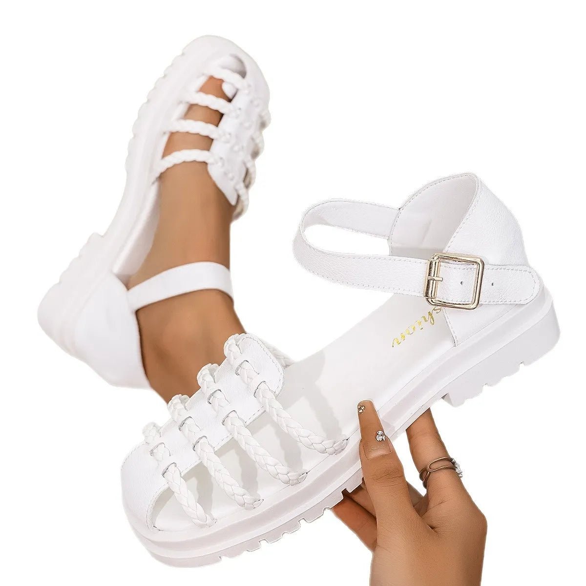 Women's braided ankle strap low heel sandals by Trendsi featuring comfortable chic footwear with woven detailing and ankle strap design.