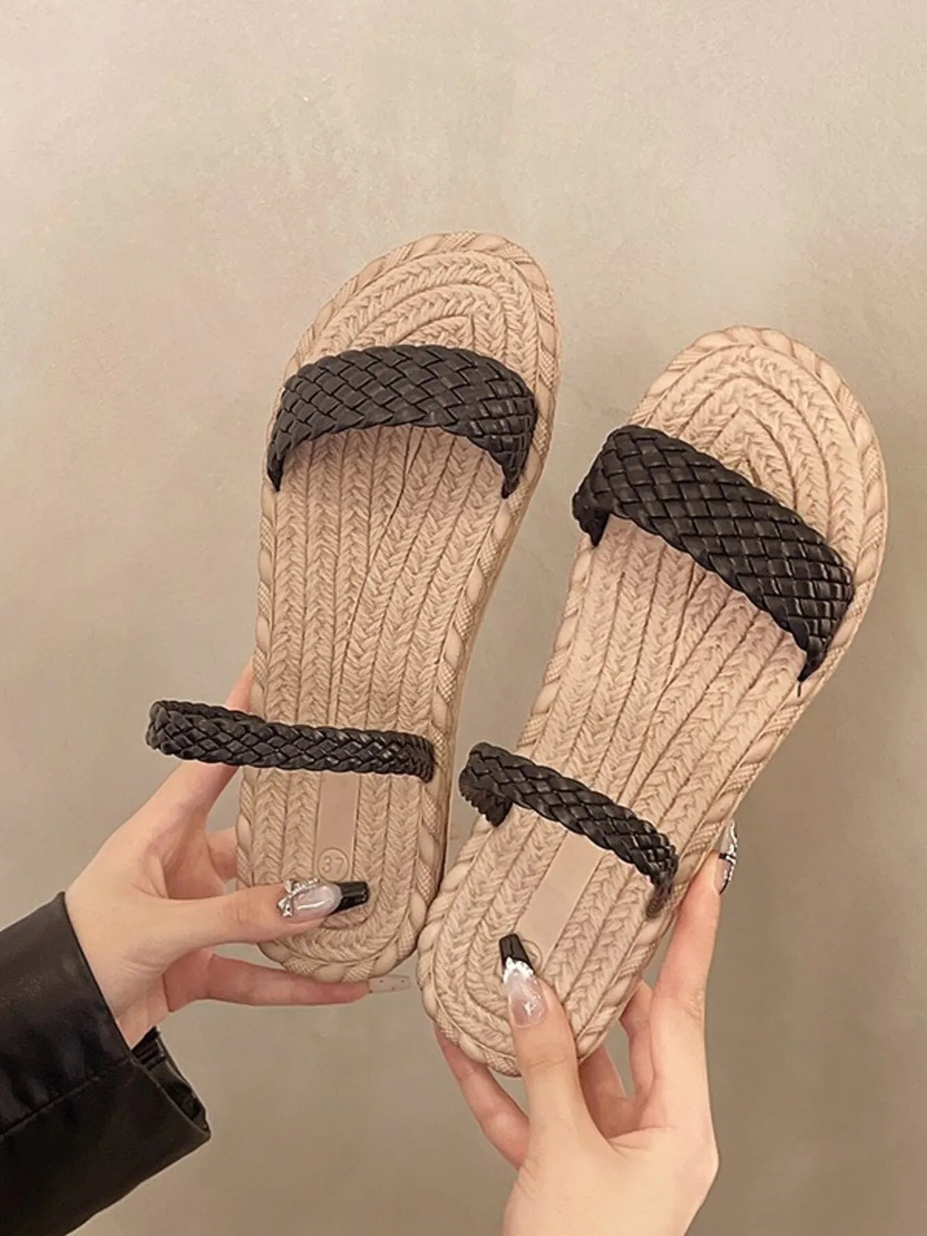 Women's braided strap espadrille flat sandals by Trendsi, featuring woven straps and a casual summer chic design.