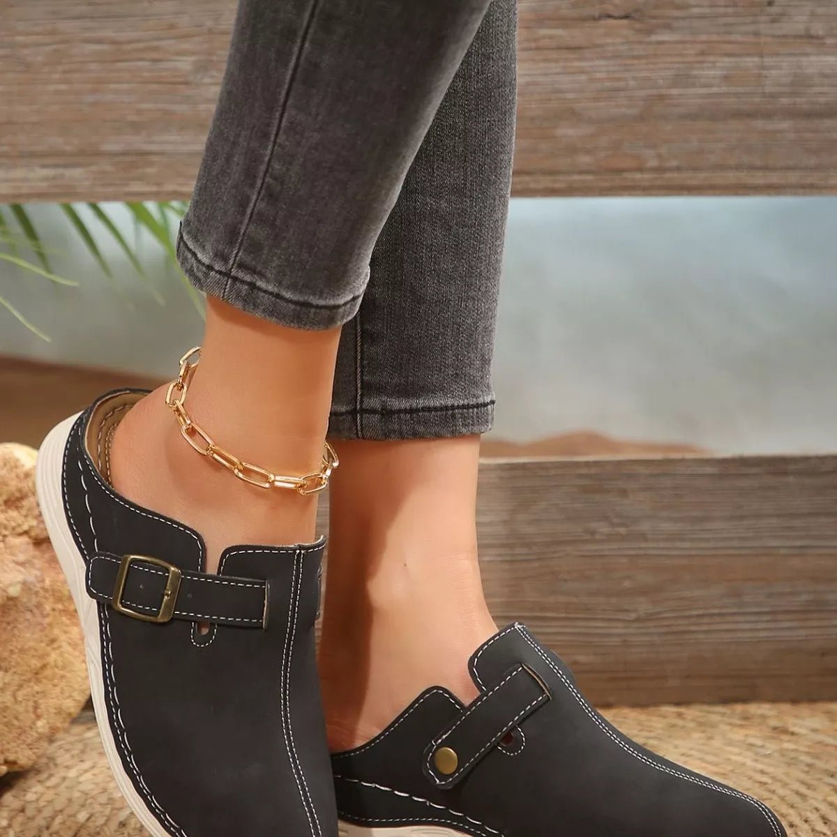 Women's slip-on flats with buckle accents in premium PU leather, stylish and comfortable shoes by Trendsi.