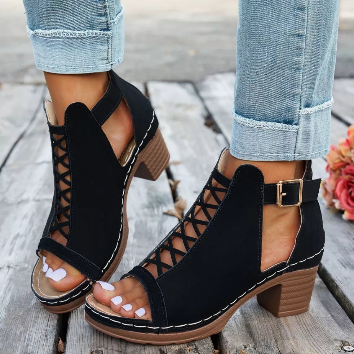 Buckle Block Heels Sandals - Plush Fashion Hub