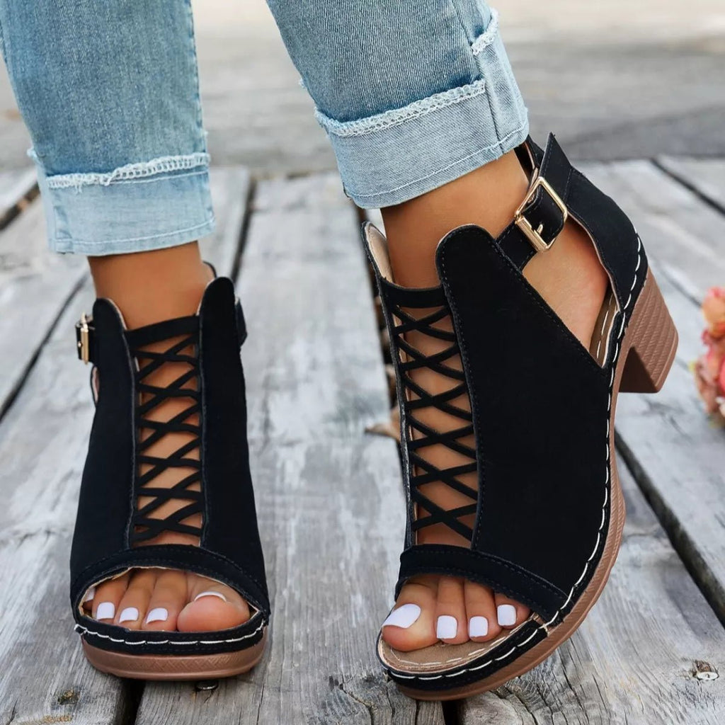 Buckle Block Heels Sandals - Plush Fashion Hub