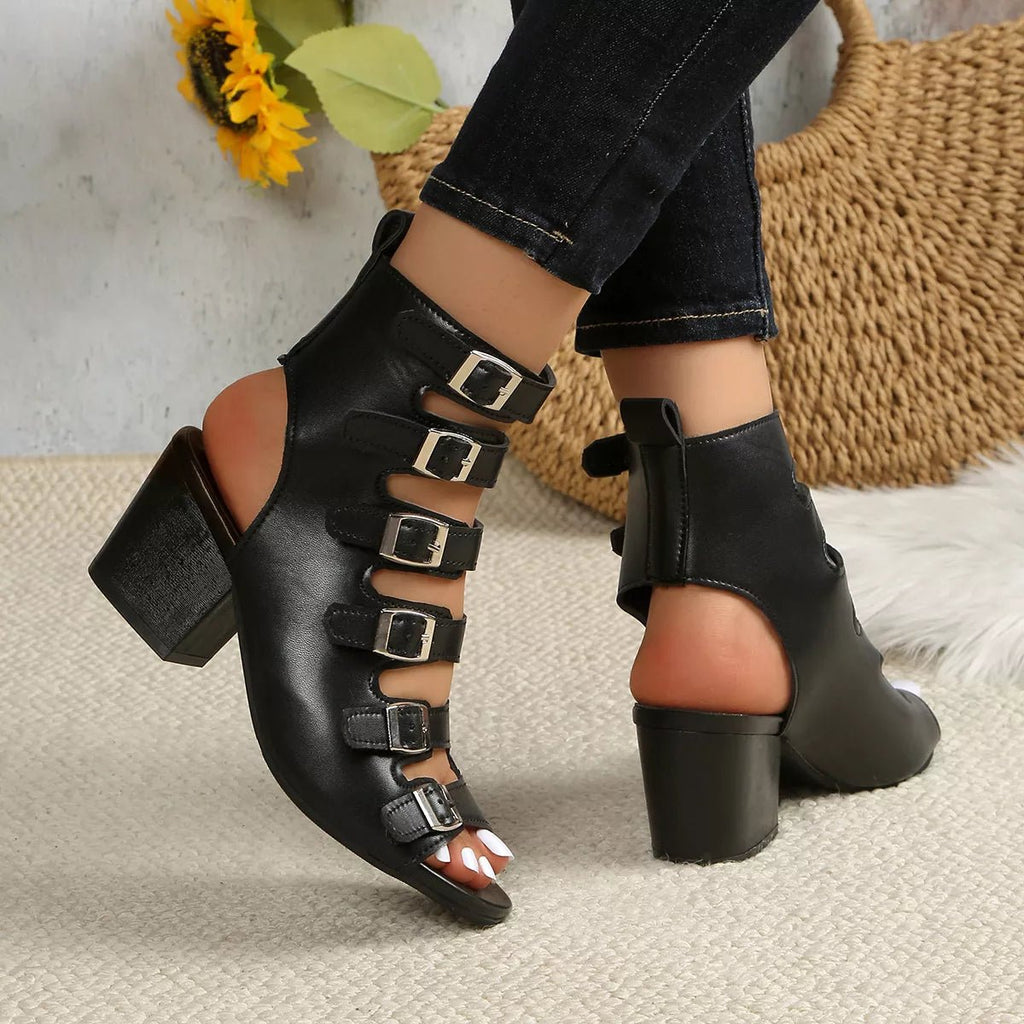 Buckle Block Heels Sandals - Plush Fashion Hub