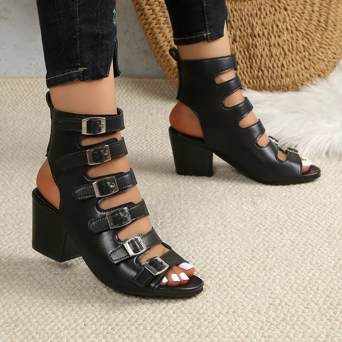 Women's buckle block heel sandals with mid-height heel and comfortable dress shoe style, perfect for stylish occasions.