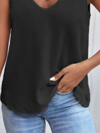 Women's waffle knit tank top with v-neck and lace trim, stylish and comfortable sleeveless top from Trendsi.