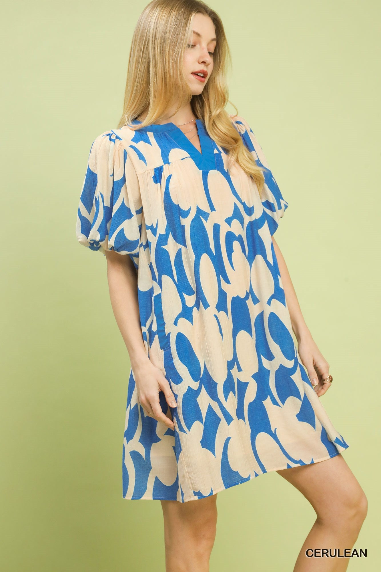 Abstract print puff sleeve shift dress with a relaxed bohemian style, featuring a mini length and lightweight fabric.