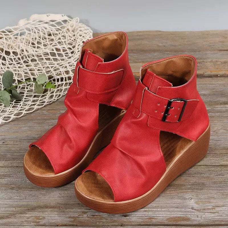 Open toe wedge sandals by Plush Fashion Hub with stylish straps and comfortable platform for casual summer wear.
