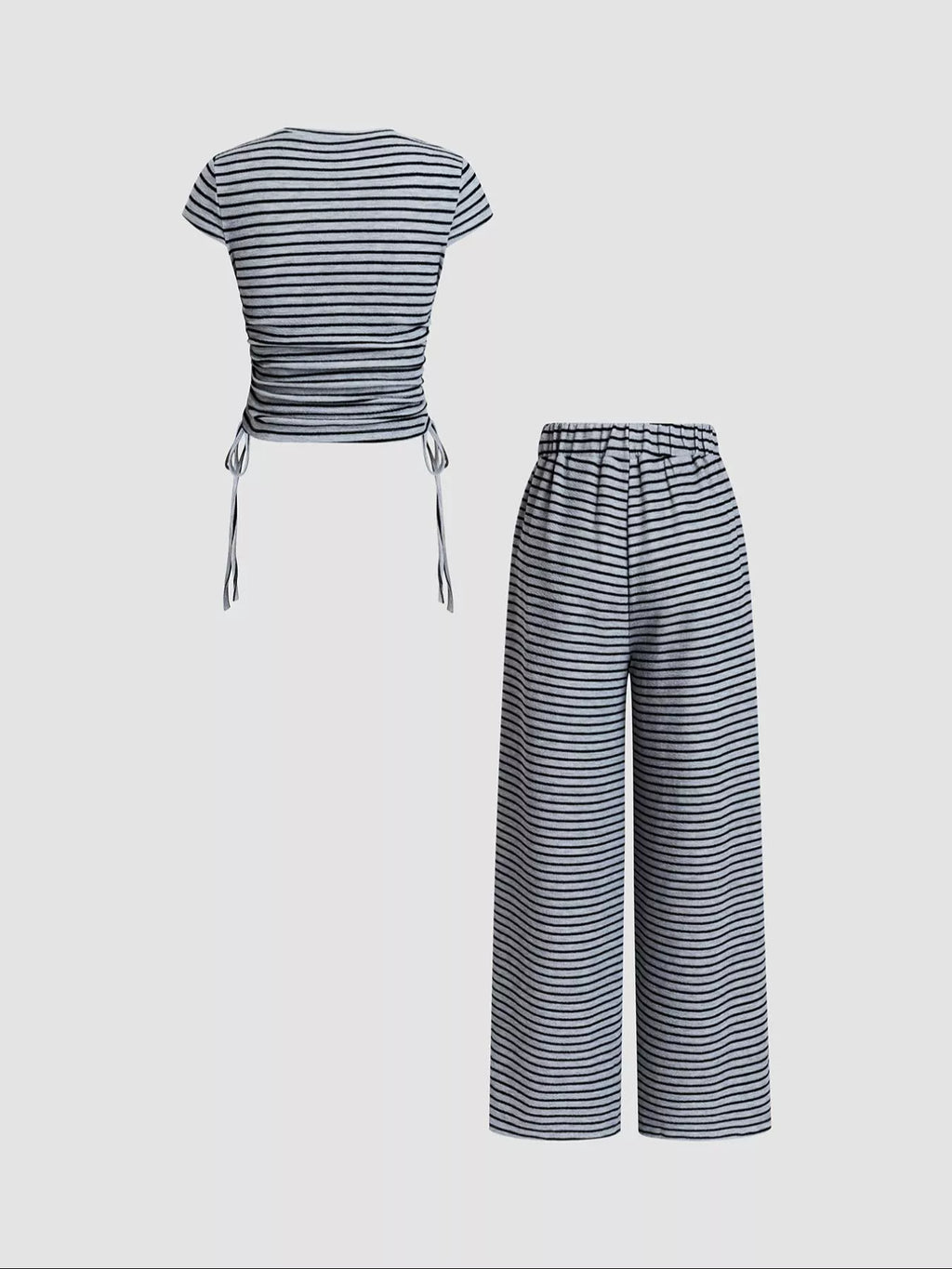 Striped crop top and wide-leg pants set by Trendsi, casual dress featuring bold horizontal stripes and relaxed fit.