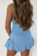 Ribbed slim tank top and pocketed wide-leg shorts set from Trendsi, casual summer outfit, beige color, front view.