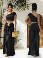 Trendsi one-shoulder top with ruched maxi skirt set, featuring a stylish off-shoulder design and elegant, fitted silhouette.