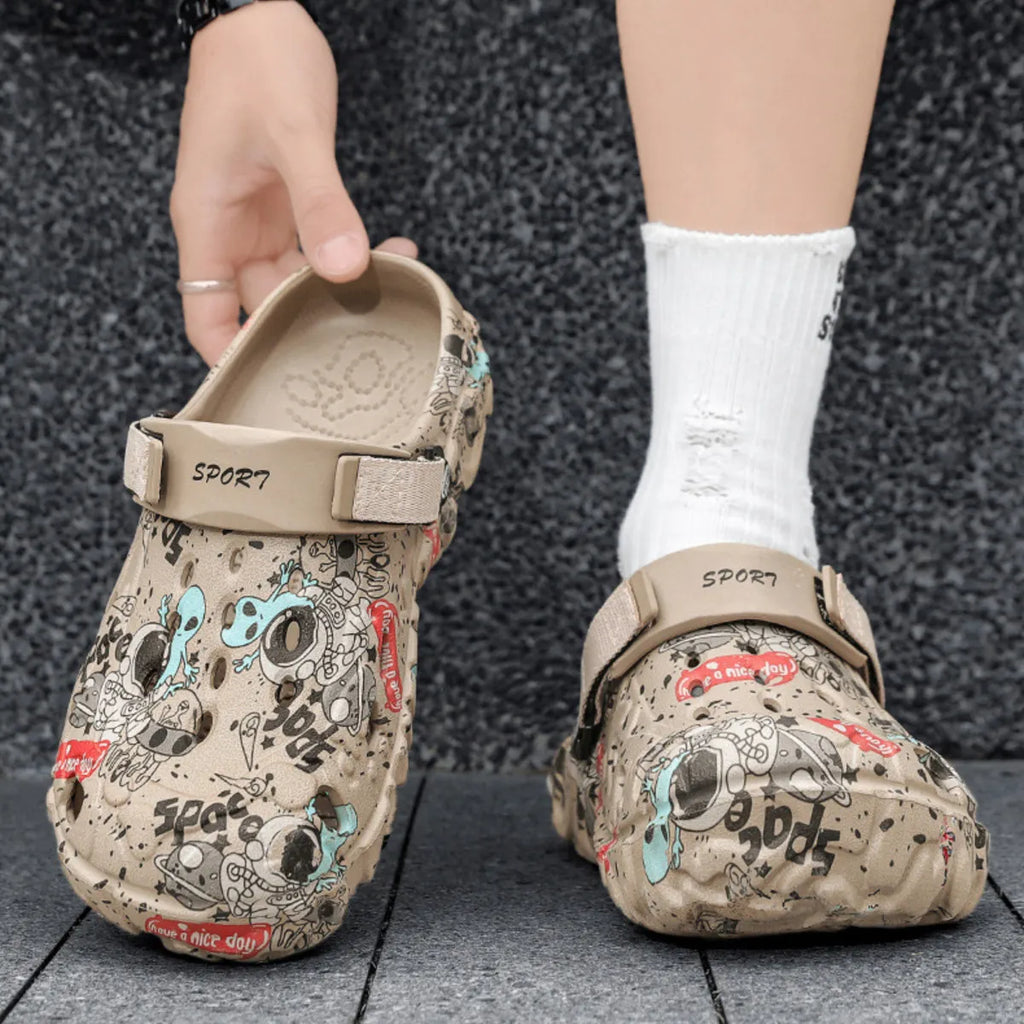 Men's printed platform sandals in trendy footwear design, featuring bold patterns and sturdy soles for stylish comfort.