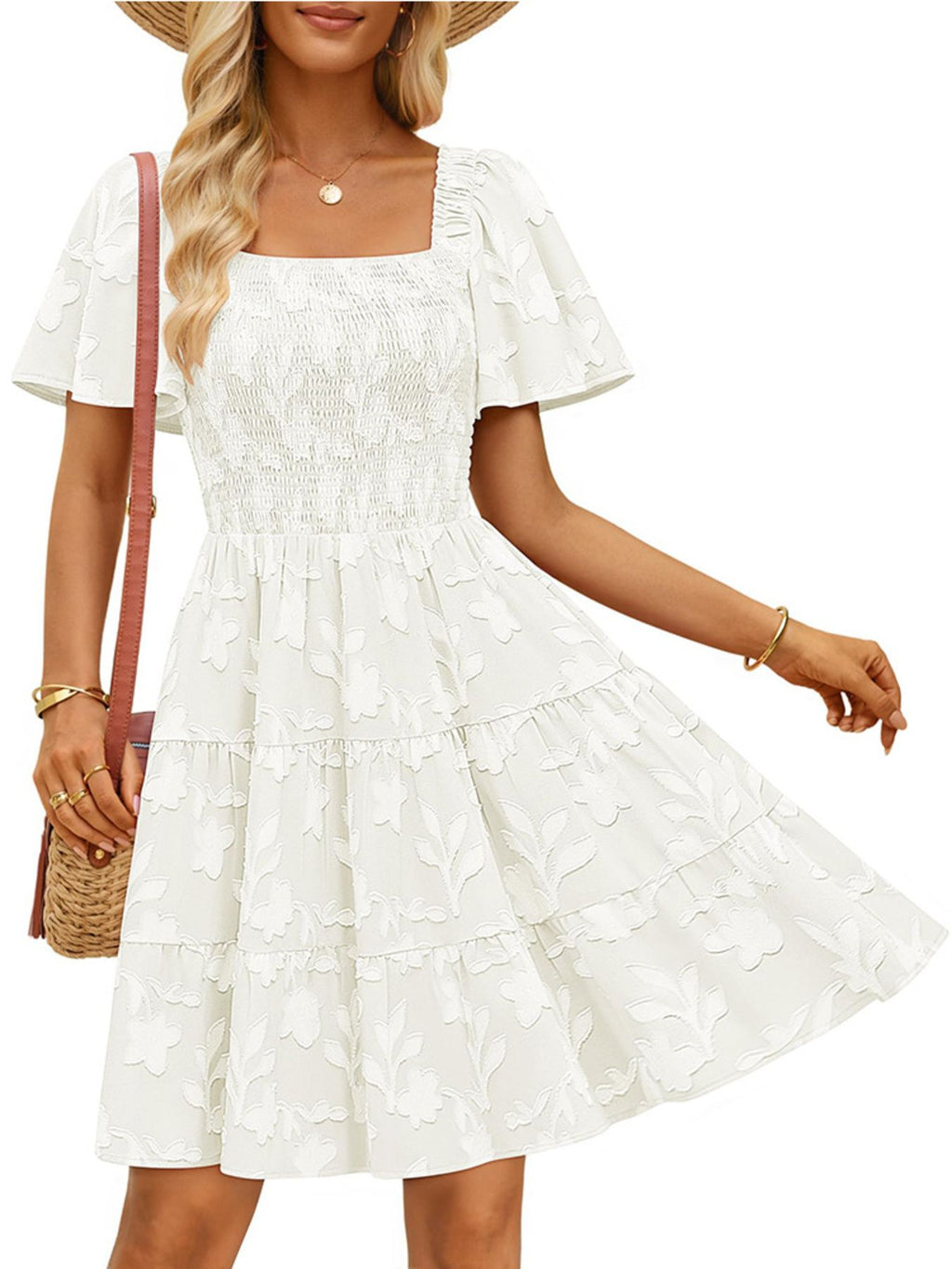 Women's smocked tiered square neck short sleeve casual dress with pockets by Trendsi, featuring a flowy silhouette and stylish design.