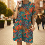 Floral print loose pocket dress with round neck and short sleeves, casualwear by FitiqueFit, shown in a relaxed fit style.