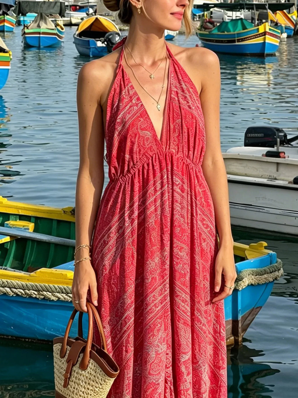 Tiered halter neck maxi dress by Trendsi featuring flowing fabric and tiered layers, perfect for summer or special occasions.