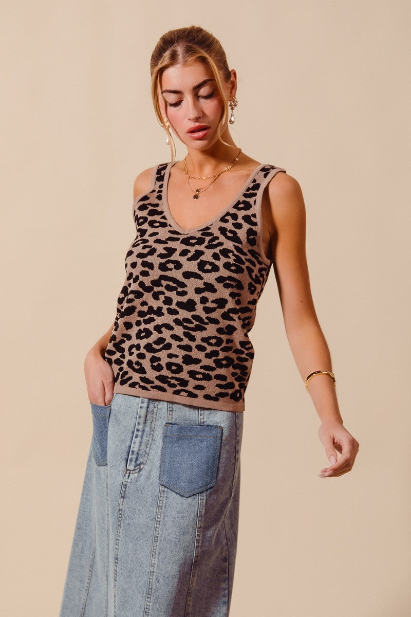 Women’s leopard print lightweight V-neck knitted tank top by Trendsi, featuring a stylish leopard pattern and sleeveless design.