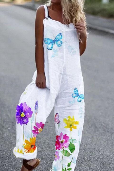 Women's butterfly print sleeveless overalls by FitiqueFit, loose fit suspender pants with casual, relaxed style.