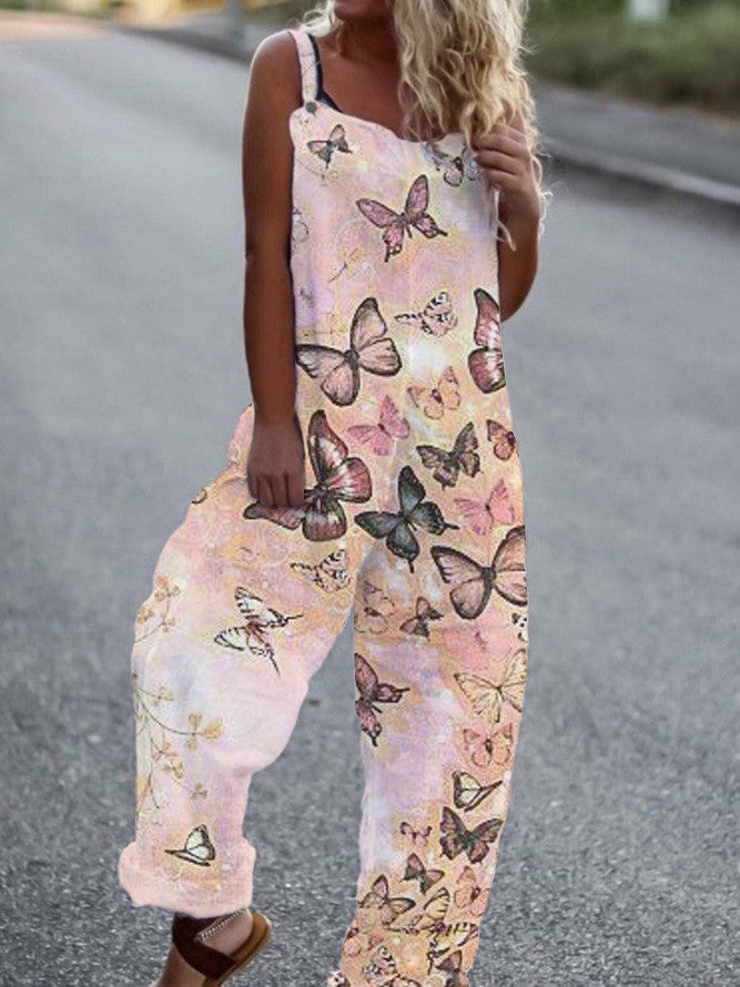 Women's butterfly print sleeveless overalls by FitiqueFit with loose fit suspender pants, stylish and comfortable bottoms for casual wear.
