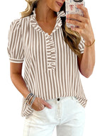 Women's striped puff sleeve blouse with ruffled details, featuring trendy design and stylish fit, by Trendsi.
