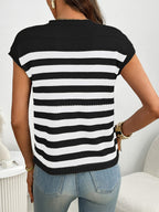 Women's striped knit cap sleeve sweater with pocket detail, featuring a trendy and comfortable design by Trendsi.
