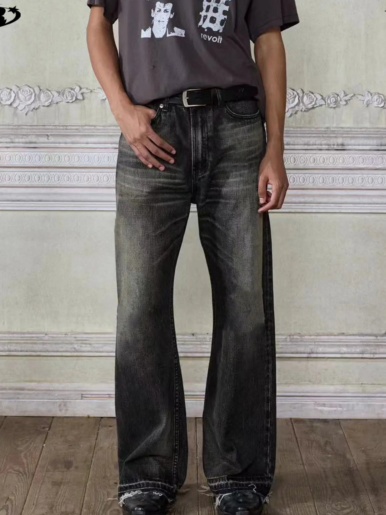 Men's vintage washed frayed hem jeans from Trendsi, showing distressed denim with frayed edges and classic fit.
