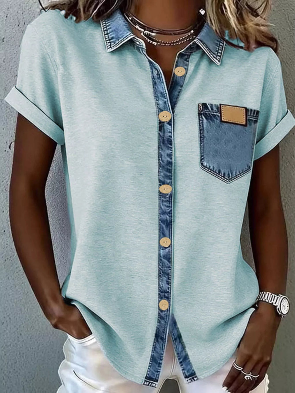 Denim trim short sleeve shirt from Trendsi, featuring a stylish casual design with denim accents and a relaxed fit.