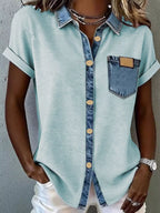 Denim trim short sleeve shirt from Trendsi, featuring a stylish casual design with denim accents and a relaxed fit.