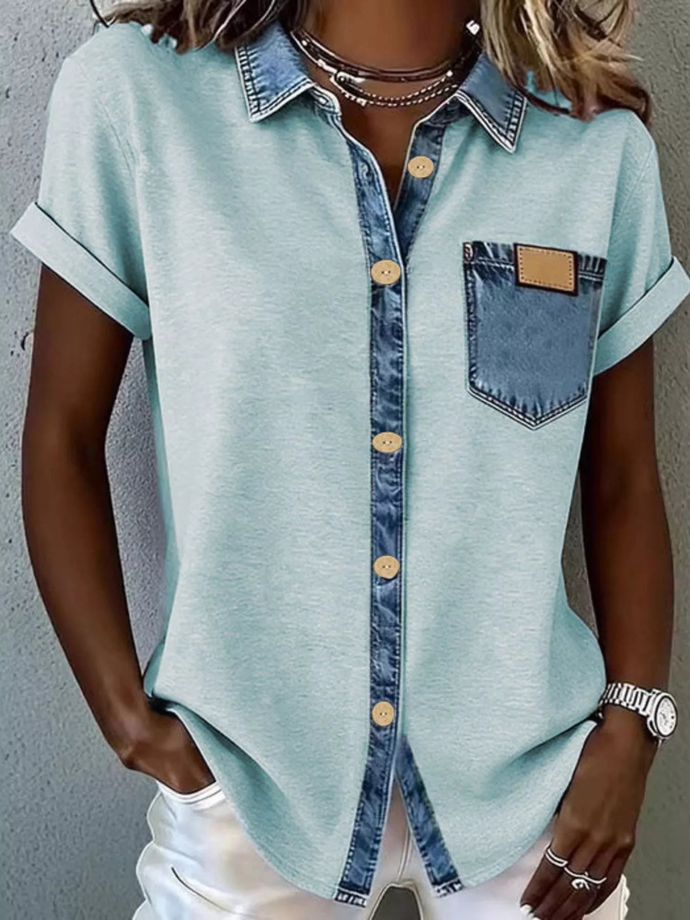Denim trim short sleeve shirt from Trendsi, featuring a stylish casual design with denim accents and a relaxed fit.