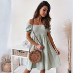 Casual One Word Collar Wrinkle Puff Sleeve Mid Dresses - Plush Fashion Hub