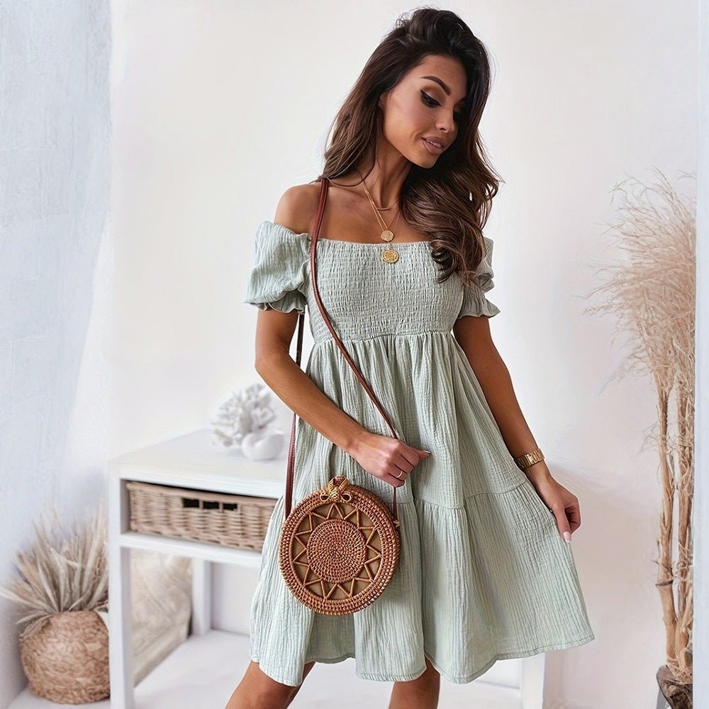 Casual One Word Collar Wrinkle Puff Sleeve Mid Dresses - Plush Fashion Hub