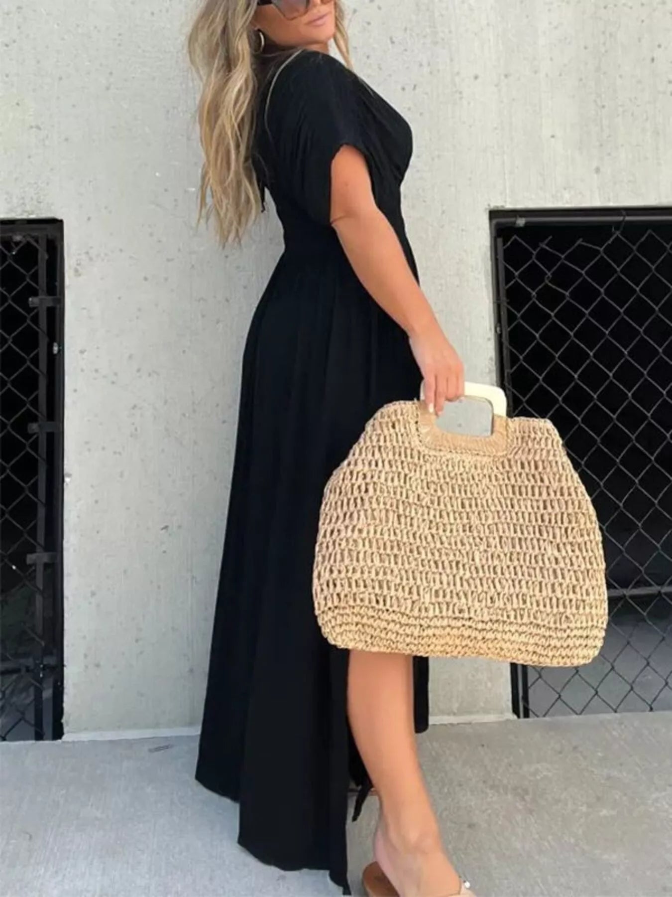 Plus size maxi dress with slit V-neck, smocked waist, and flowing fabric, by Trendsi, perfect for elegant summer wear.