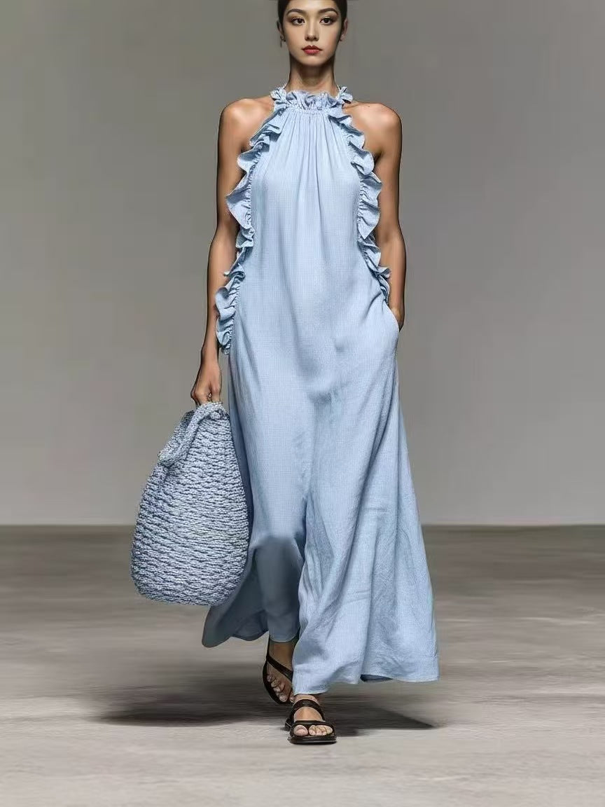 Flowy FitiqueFit halter neck sleeveless casual dress with ruffles and pockets, featuring a loose fit and relaxed style.