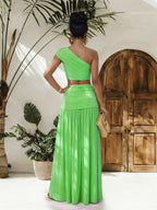 Trendsi one-shoulder top and ruched maxi skirt set, stylish matching outfit with a trendy design and fitted silhouette.