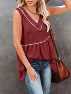 V-neck waffle knit tank top with contrast stitching, trendy sleeveless top from Trendsi, soft textured fabric, casual summer wear