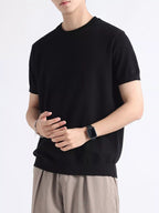 Men's plus size casual knitted short sleeve T-shirt by Trendsi, featuring a comfortable, stylish design in a natural fabric.