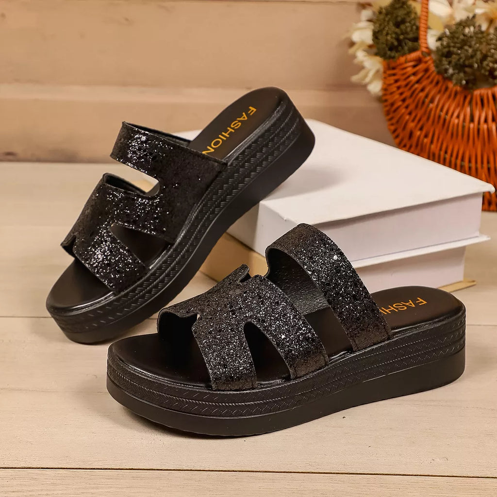 Open toe platform sandals by Plush Fashion Hub featuring chunky heels and stylish straps on a neutral background.